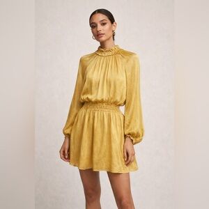 Brochu Walker Gold 100% Silk Smocked Waist Mini Dress Size S